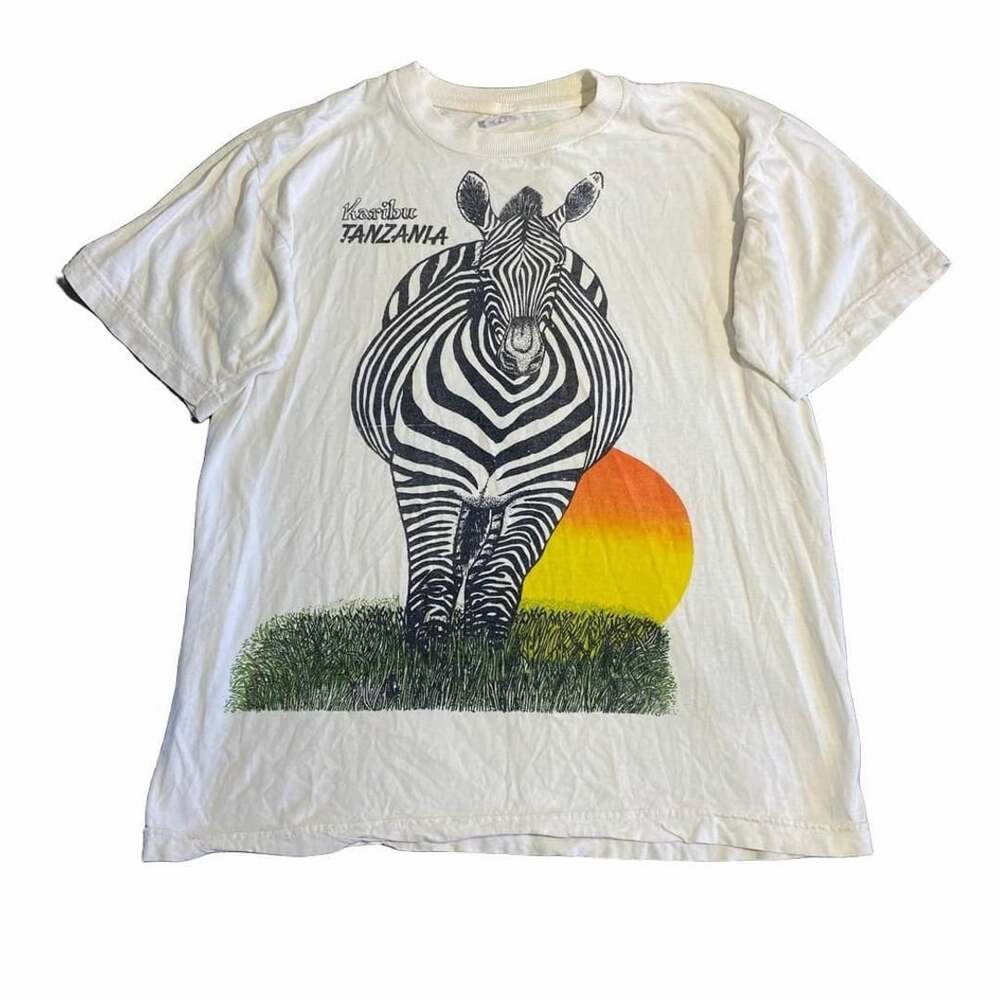 Vintage Karibu Tanzania Zebra Graphic T-Shirt White